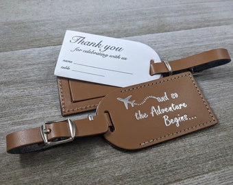 WEDDING LUGGAGE TAGS | (Security Flap Style) British Tan leather, and so the Adventure Begins, for weddings, bridal/baby showers, Silver