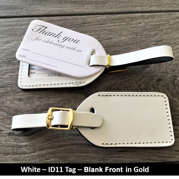 WEDDING LUGGAGE TAGS | White leather, style (id 11) Blank Front, with gold buckle
