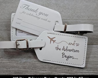 Princess Luggage Tag | White leather, and so the Adventure Begins, for weddings, bridal or baby showers, in silver #23 imprint & buckles.