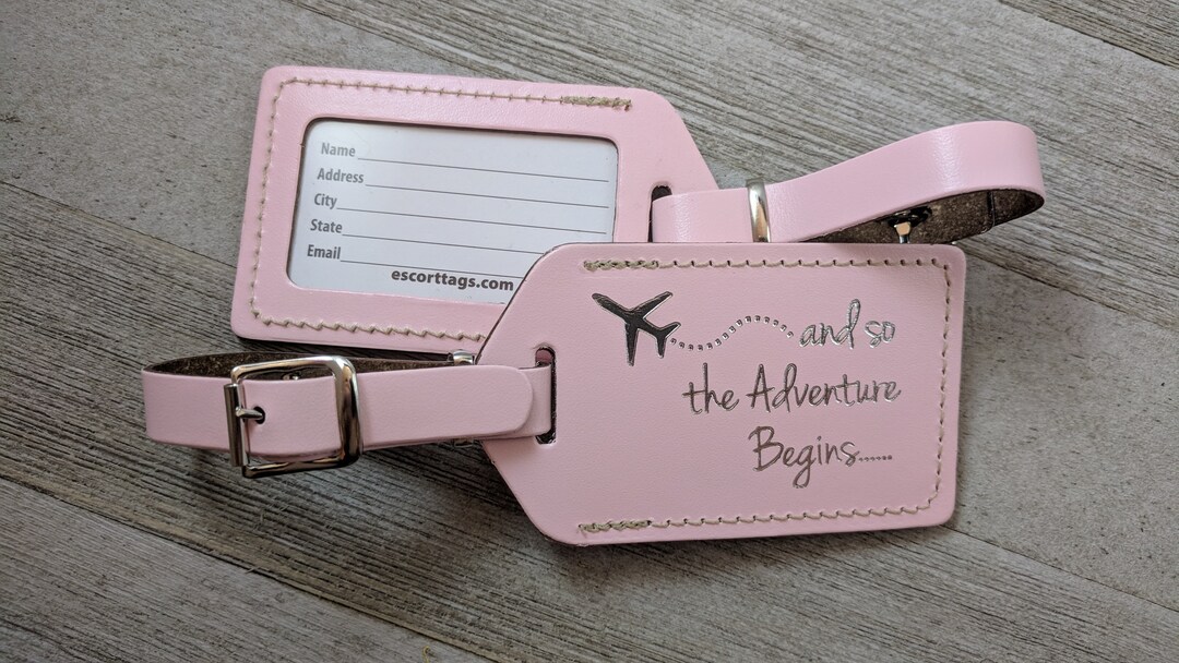LUGGAGE TAGS Pink Leather, and so the Adventure Begins, for Weddings