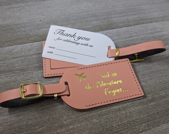 WEDDING LUGGAGE TAGS | (Security Flap Style) Coral leather, and so the Adventure Begins, for weddings, bridal/baby showers, Gold