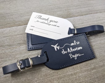 WEDDING LUGGAGE TAGS | (Security Flap Style) Navy leather, and so the Adventure Begins, for weddings, bridal/baby showers, Silver Imprint