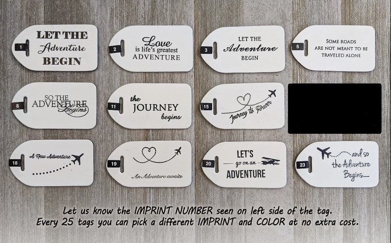 BULK RECEPTION WEDDING luggage tags Champagne leather, and so the Adventure Begins in gold, our quote 23, ld buckle. image 7