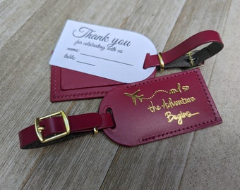 WEDDING LUGGAGE TAGS | (Security Flap Style) Burgundy leather, and so the Adventure Begins, for weddings, bridal/baby showers, Gold