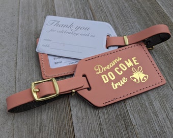 LUGGAGE TAGS | Coral leather, Dreams Do Come True (#186), for weddings, bridal showers, gold imprint & buckles