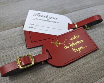 WEDDING LUGGAGE TAGS | (Security Flap Style) Red leather, and so the Adventure Begins, for weddings, bridal/baby showers, Gold Imprint