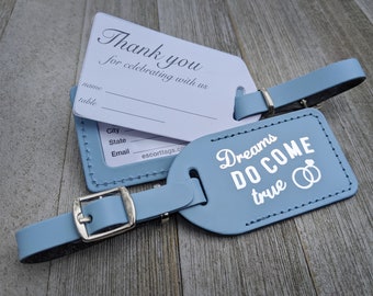 WEDDING LUGGAGE TAGS | Cinderella Blue leather, style (id 11) Dreams Do Come True in silver, our quote #190, with matching silver