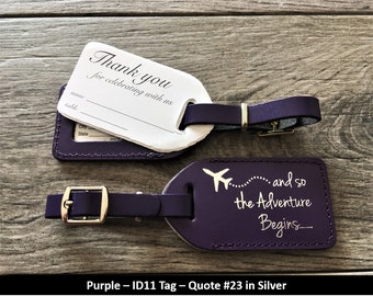 WEDDING LUGGAGE TAGS | Purple leather, style (id 11) and so the Adventure Begins in silver, our quote #23, with matching silver buckle