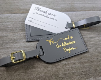 WEDDING LUGGAGE TAGS | (Security Flap Style) Gray leather, and so the Adventure Begins, for weddings, bridal/baby showers, Gold