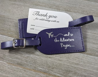 WEDDING LUGGAGE TAGS | (Security Flap Style) Purple leather, and so the Adventure Begins, for weddings, bridal/baby showers, silver imprint