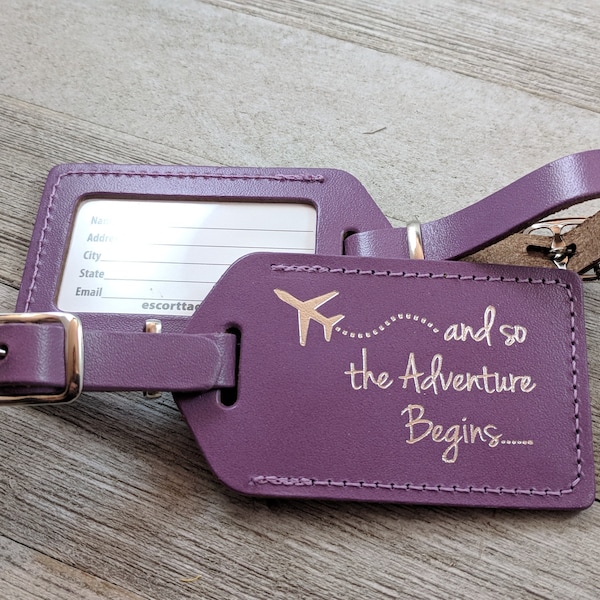 LUGGAGE TAGS | Lavender leather, and so the Adventure Begins, with a quote, for weddings, bridal or baby showers, silver imprint & buckle