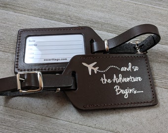 LUGGAGE TAGS | Brown leather, and so the Adventure Begins, for weddings, bridal or baby showers, silver imprint & buckles