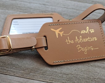LUGGAGE TAGS | Sun Tan leather, and so the Adventure Begins, for weddings, bridal or baby showers, in gold imprint & buckles
