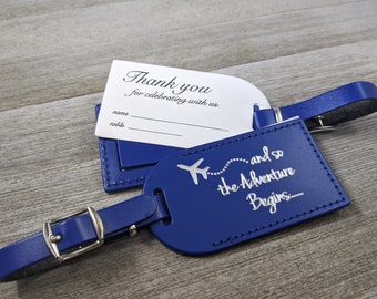 WEDDING LUGGAGE TAGS | (Security Flap Style) Royal Blue leather, and so the Adventure Begins, for weddings, bridal/baby showers, Silver