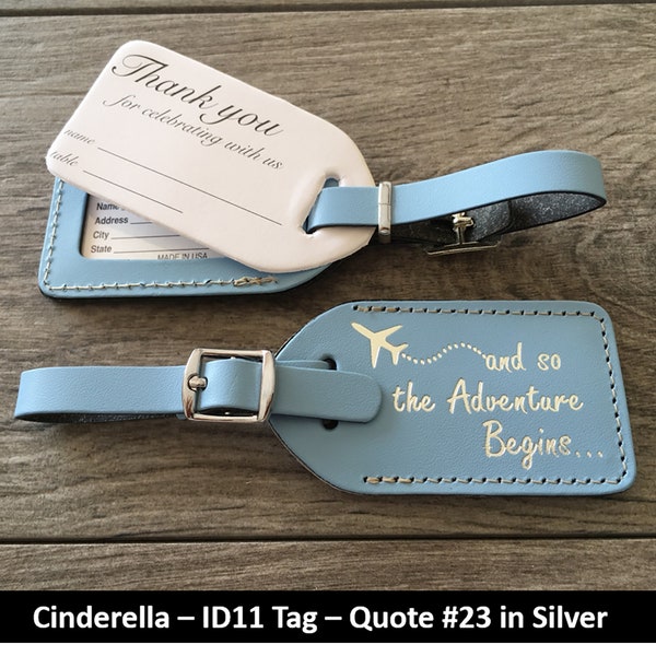 BULK WEDDING LUGGAGE tags |Cinderella Blue leather, style (id 11) and so the Adventure Begins in silver, our quote #23, with matching buckle