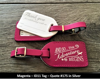 WEDDING LUGGAGE TAGS | Magenta leather, style (id 11) and so the Adventure Begins in silver, our quote #175, with matching silver buckle