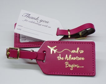 Luggage Tag Wedding Favor | Burgundy leather, and so the Adventure Begins, for weddings, bridal or baby showers, in gold imprint & buckles