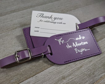 WEDDING LUGGAGE TAGS | (Security Flap Style) Lavender leather, and so the Adventure Begins, for weddings, bridal/baby showers, Silver