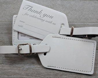 WEDDING LUGGAGE TAGS | White leather with Blank-no quote, for weddings, bridal or baby showers, with silver hardware