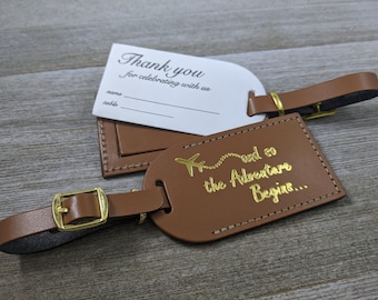WEDDING LUGGAGE TAGS | (Security Flap Style) British Tan leather, and so the Adventure Begins, for weddings, bridal/baby showers, Gold
