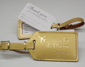 Luggage Tag Wedding Favor | Gold leather, and so the Adventure Begins, for weddings, bridal or baby showers, in gold imprint & buckles