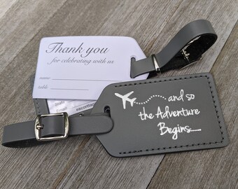 WEDDING LUGGAGE TAGS | Gray leather, and so the Adventure Begins, for weddings, bridal or baby showers, silver imprint & buckles