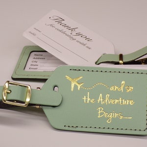 Luggage Tag Wedding Favor Mint leather, and so the Adventure Begins, for weddings, bridal or baby showers, in gold imprint & buckles image 1