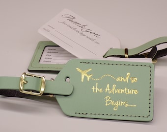 Luggage Tag Wedding Favor | Mint leather, and so the Adventure Begins, for weddings, bridal or baby showers, in gold imprint & buckles