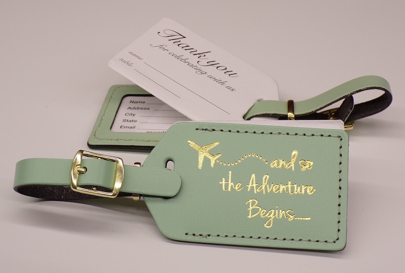 Luggage Tag Wedding Favor | Mint leather, and so the Adventure Begins, for weddings, bridal or baby showers, in gold imprint & buckles 