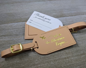 WEDDING LUGGAGE TAGS | (Security Flap Style) Natural leather, and so the Adventure Begins, for weddings, bridal/baby showers, Gold Imprint