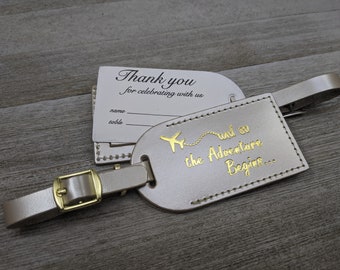 WEDDING LUGGAGE TAGS | (Security Flap Style) Champagne leather, and so the Adventure Begins, for weddings, bridal/baby showers, Gold