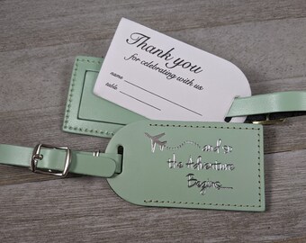 WEDDING LUGGAGE TAGS | (Security Flap Style) Mint leather, and so the Adventure Begins, for weddings, bridal/baby showers, Silver imprint