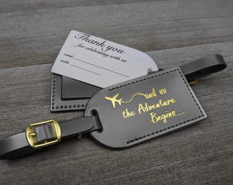 WEDDING LUGGAGE TAGS | (Security Flap Style) Tuxedo Gray leather, and so the Adventure Begins, for weddings, bridal/baby showers, Gold