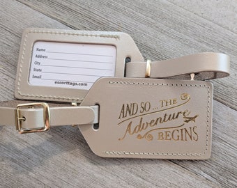 LUGGAGE TAGS | Champagne leather, and so the Adventure Begins, with a quote, for weddings, bridal or baby showers, gold imprint & buckles
