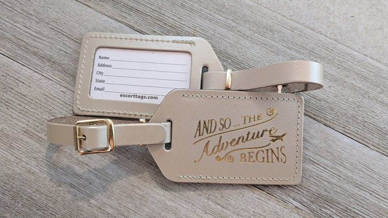 LUGGAGE TAGS | Champagne leather, and so the Adventure Begins, with a quote, for weddings, bridal or baby showers, gold imprint & buckles 
