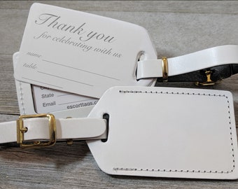 WEDDING LUGGAGE TAGS | White leather with blank front, for weddings, bridal or baby showers, with gold hardware