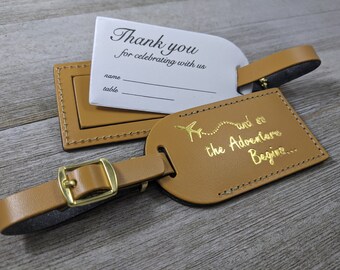 WEDDING LUGGAGE TAGS | (Security Flap Style) Sun Tan leather, and so the Adventure Begins, for weddings, bridal/baby showers, Gold Imprint