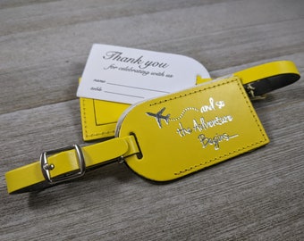 WEDDING LUGGAGE TAGS | (Security Flap Style) Yellow leather, and so the Adventure Begins, for weddings, bridal/baby showers, Silver Imprint