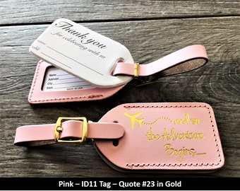 WEDDING LUGGAGE TAGS | Pink leather, style (id 11) and so the Adventure Begins in gold, our quote #23, with matching gold buckle