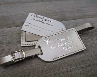 WEDDING LUGGAGE TAGS | (Security Flap Style) Champagne leather, and so the Adventure Begins, for weddings, bridal/baby showers, Silver