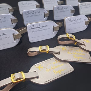 BULK RECEPTION WEDDING luggage tags | Champagne leather, and so the Adventure Begins in gold, our quote #23, ld buckle.