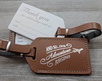 WEDDING LUGGAGE TAGS | British Tan leather, and so our Adventure Begins, for weddings, bridal or baby showers, silver imprint & buckles