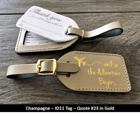 id 11 WEDDING LUGGAGE TAGS Bags & Purses Luggage & Travel Luggage Tags with matching gold buckle our quote #23 and so the Adventure Begins in gold Navy leather style 