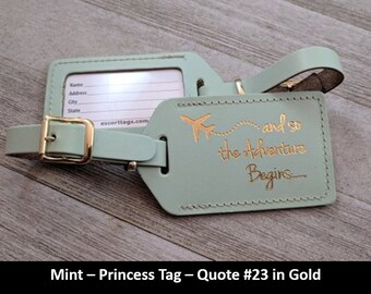 LUGGAGE TAGS | Mint leather, and so the Adventure Begins, for weddings, bridal or baby showers, gold imprint & buckles