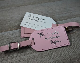 WEDDING LUGGAGE TAGS | (Security Flap Style) Pink leather, and so the Adventure Begins, for weddings, bridal/baby showers, Silver Imprint