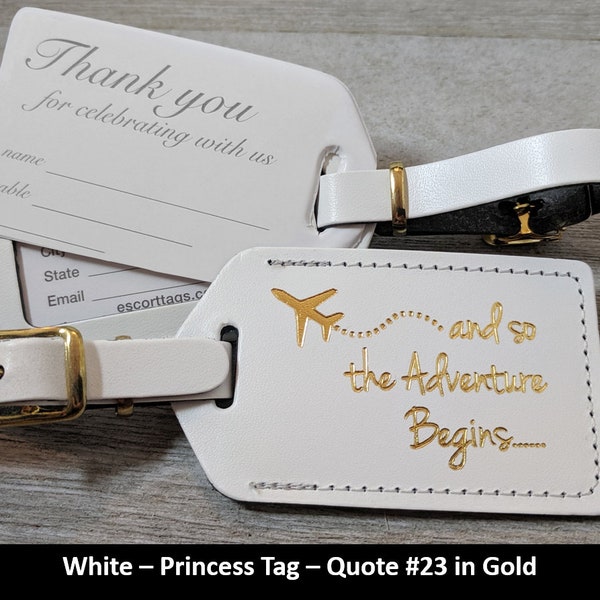 LUGGAGE TAGS, BULK/ discount pricing for weddings, bridal or baby showers, with gold imprint and matching buckles.