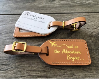 WEDDING LUGGAGE TAGS | Suntan leather, style (id 11) and so the Adventure Begins in gold, our quote #23, with matching gold buckle