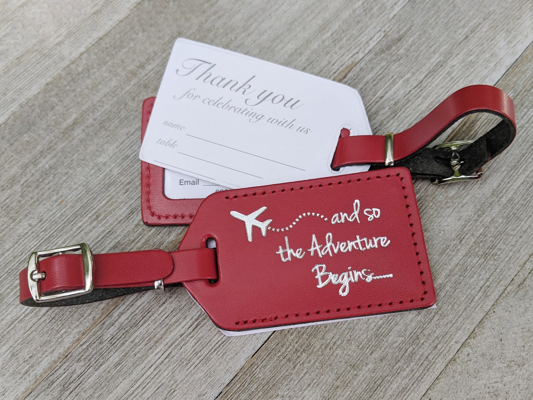 LUGGAGE TAGS Red Leather, and so the Adventure Begins, for Weddings