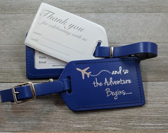 WEDDING LUGGAGE TAGS | Royal Blue leather, and so the Adventure Begins, for weddings, bridal or baby showers, silver imprint & buckles