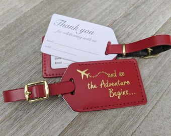 LUGGAGE TAGS | Red leather, and so the Adventure Begins, for weddings, bridal or baby showers, gold imprint & buckles